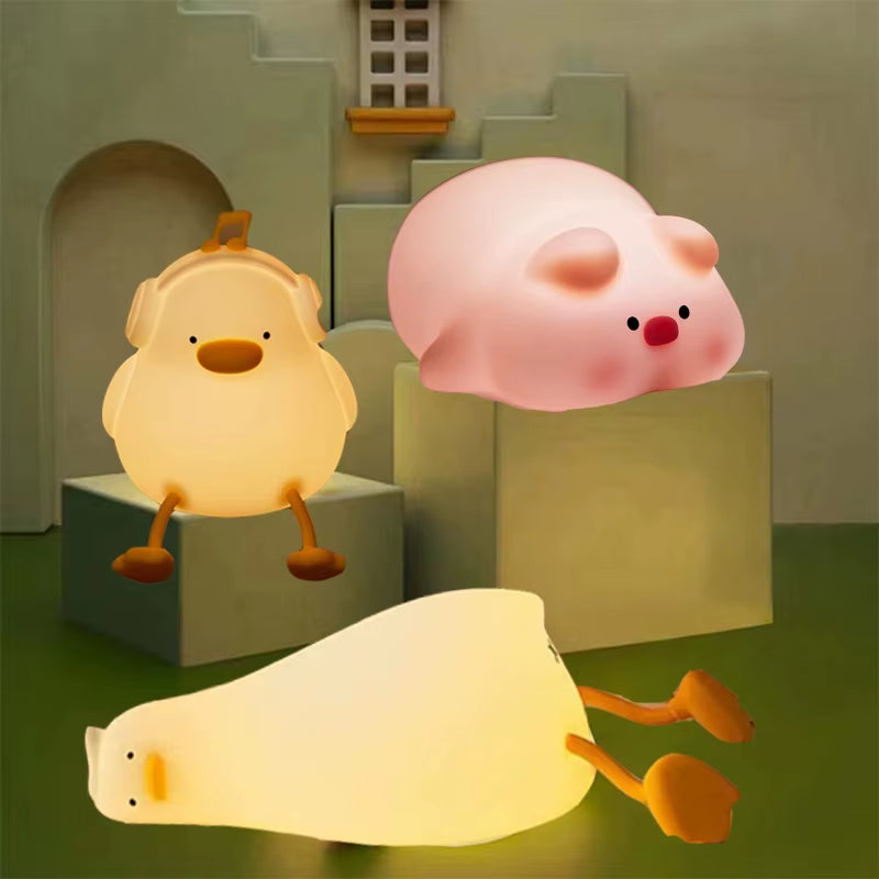 Cute Silicone Night Light Ducks and Pigs Bedside Sleeping Lights Touch Dimmable Rechargeable Ambient Children'S Bedroom Lights